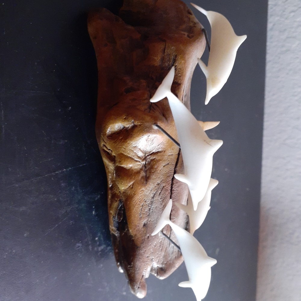 EXQUISITE John Perry Sculpture of 4 Dancing Dolphins on 6" Burlwood.